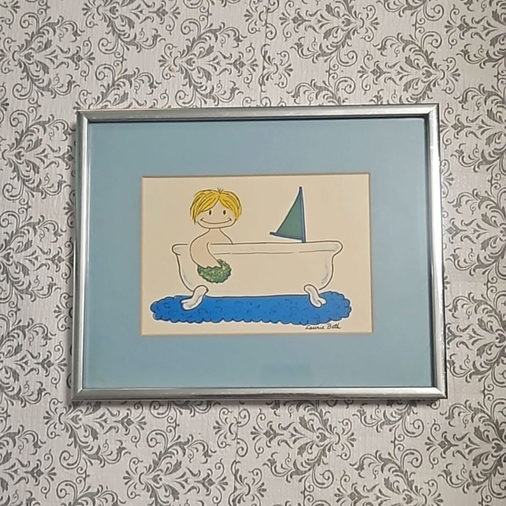 Vintage Y2K Kids Bathroom Original Signed Art Sailboat Tub Framed Art